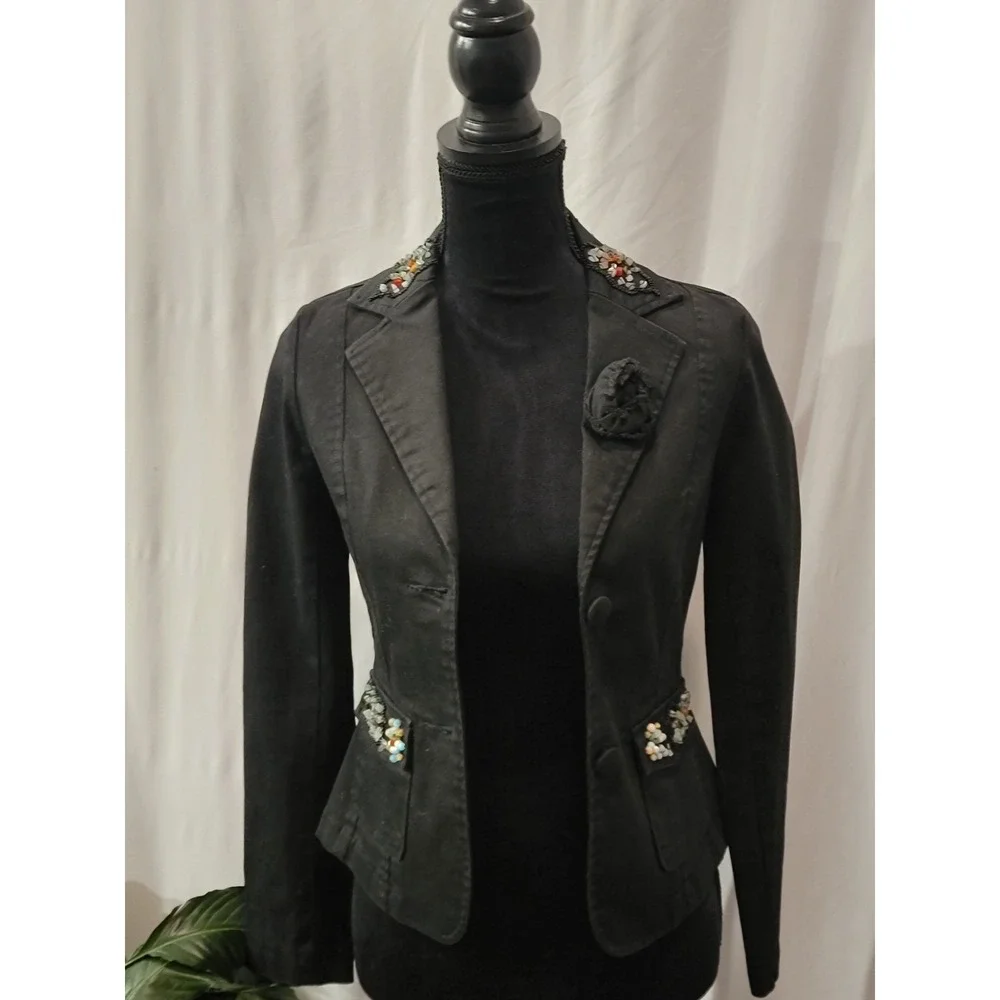 Zoompy Vintage Black Embellished Blazer Jacket Small Floral‎ Beaded Rosette